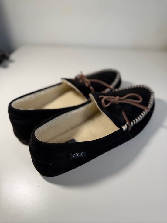Polo Ralph Lauren Men\'s Black Suede Moccasin Slippers with Brown Laces 13